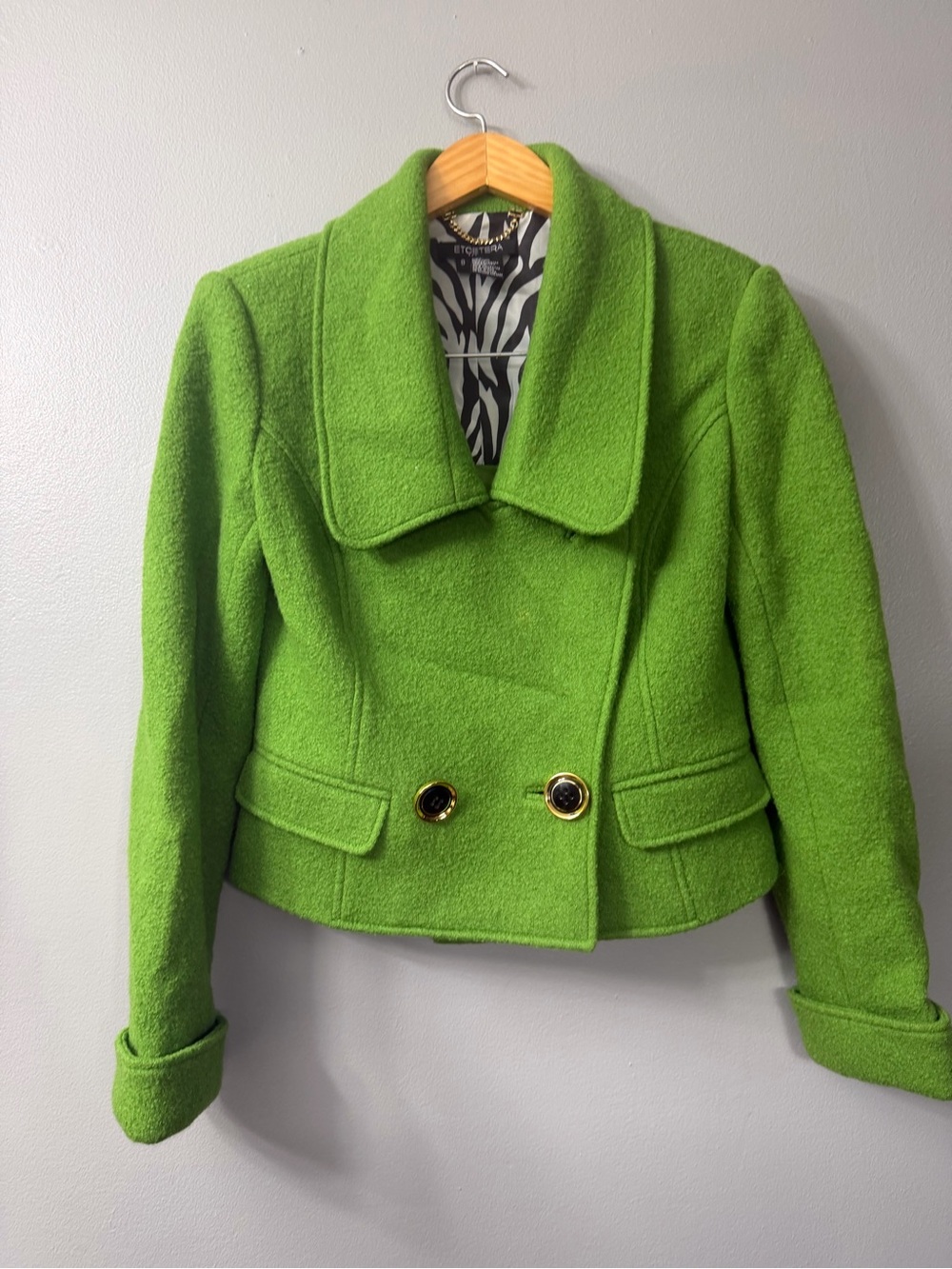 Etcetera Cropped Double Breasted Green Wool Coat Jacket size 8